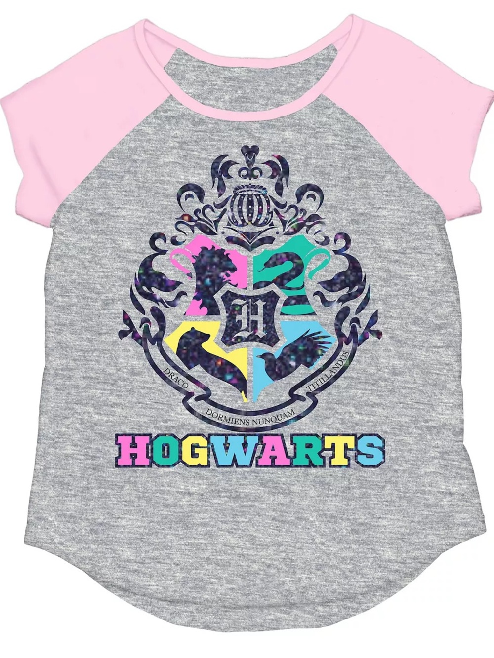 Hogwarts Crest Raglan Tee - Pink & Heather Gray